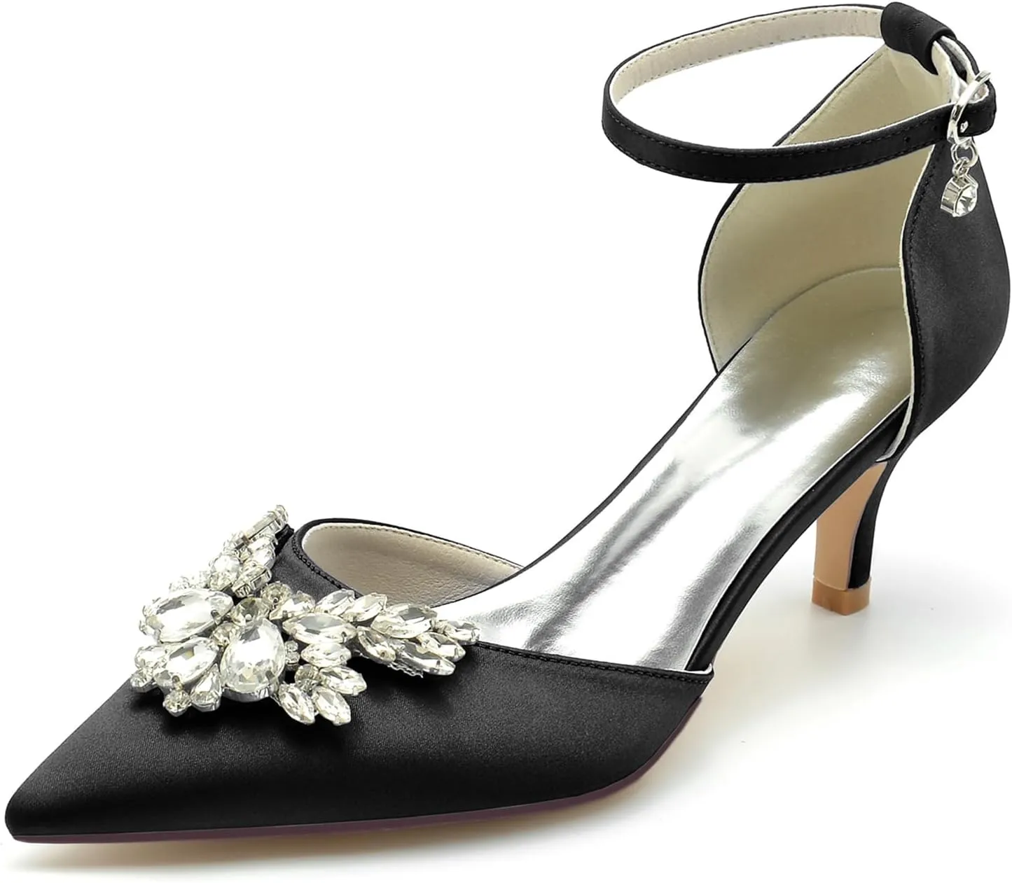 Women's Satin with Crystal Party Dress Sandals Ankle Strap Pointed Toe Pumps Heel Wedding Shoes for Bridal