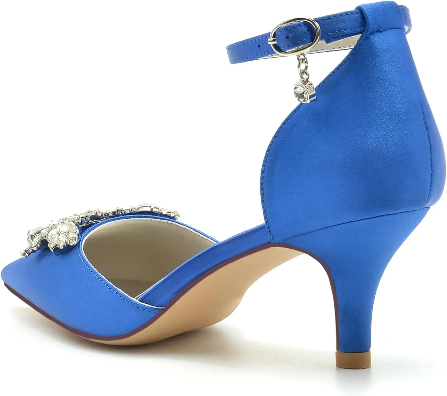 Women's Satin with Crystal Party Dress Sandals Ankle Strap Pointed Toe Pumps Heel Wedding Shoes for Bridal
