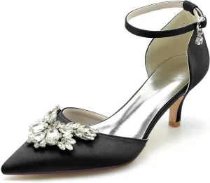 Women's Satin with Crystal Party Dress Sandals Ankle Strap Pointed Toe Pumps Heel Wedding Shoes for Bridal