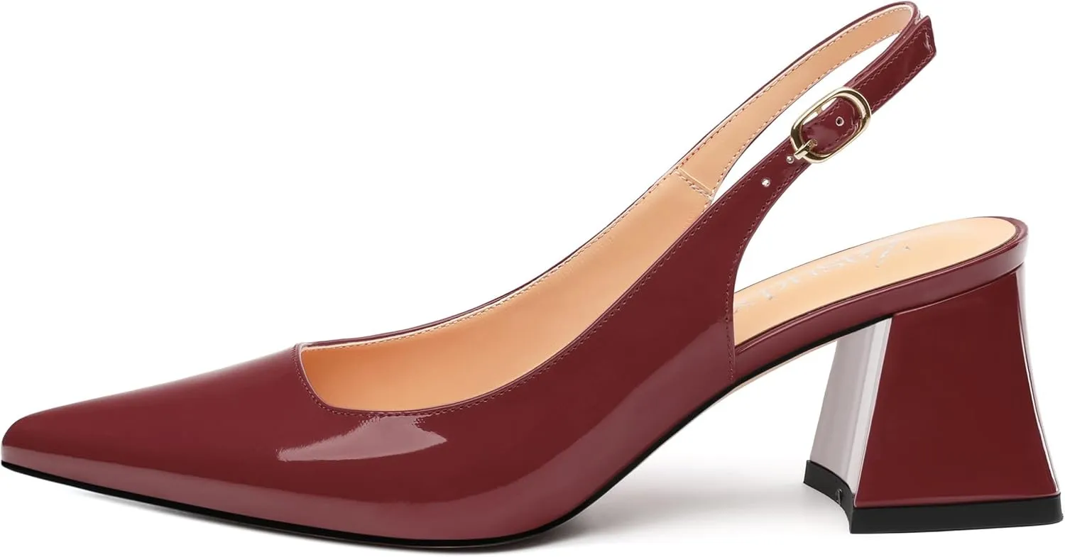 Women's Slingback Mid Block Heel Pumps Patent Pointed Toe Chunky Heels Adjustable Strap Comfort Wedding Dress Pumps Shoes 2.5 Inch