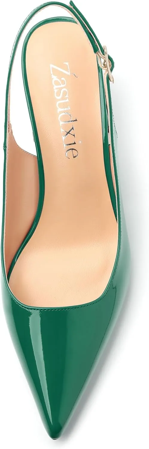 Women's Slingback Mid Block Heel Pumps Patent Pointed Toe Chunky Heels Adjustable Strap Comfort Wedding Dress Pumps Shoes 2.5 Inch