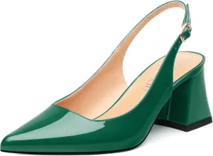 Women's Slingback Mid Block Heel Pumps Patent Pointed Toe Chunky Heels Adjustable Strap Comfort Wedding Dress Pumps Shoes 2.5 Inch