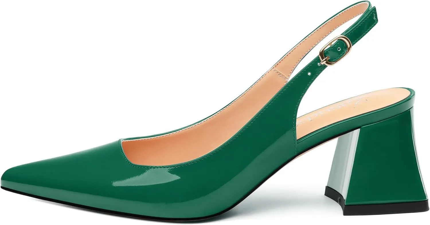 Women's Slingback Mid Block Heel Pumps Patent Pointed Toe Chunky Heels Adjustable Strap Comfort Wedding Dress Pumps Shoes 2.5 Inch