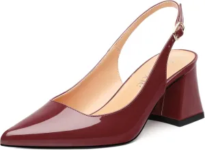 Women's Slingback Mid Block Heel Pumps Patent Pointed Toe Chunky Heels Adjustable Strap Comfort Wedding Dress Pumps Shoes 2.5 Inch