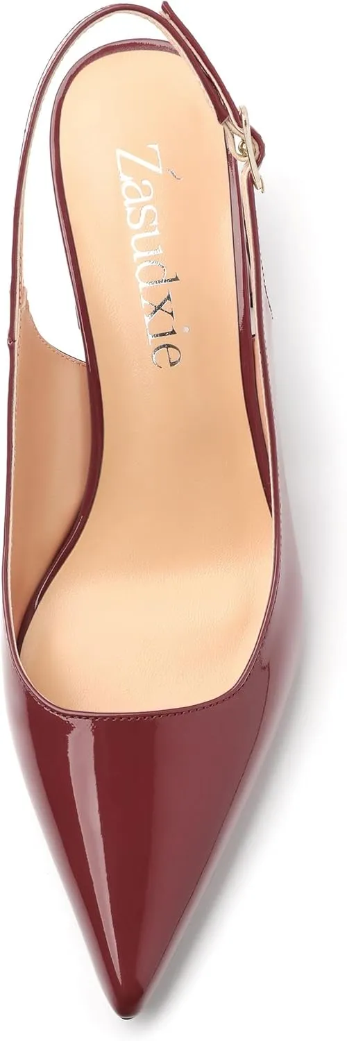 Women's Slingback Mid Block Heel Pumps Patent Pointed Toe Chunky Heels Adjustable Strap Comfort Wedding Dress Pumps Shoes 2.5 Inch