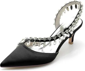 Women's Slingback Wedding Shoes for Bridal Mid Heel Heels Sandals with Crystal Pointed Closed Toe Evening Dress Pumps