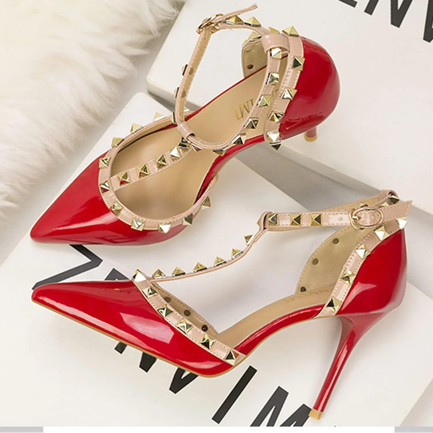 Women's Slingbacks Studded Mid High Heels Summer Shoes Pointy Toe Party Daily Wear Sandals Stud T-Strap 3.5 Inch Mid Kitten Heel