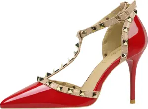 Women's Slingbacks Studded Mid High Heels Summer Shoes Pointy Toe Party Daily Wear Sandals Stud T-Strap 3.5 Inch Mid Kitten Heel