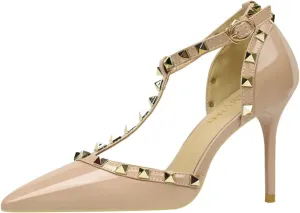 Women's Slingbacks Studded Mid High Heels Summer Shoes Pointy Toe Party Daily Wear Sandals Stud T-Strap 3.5 Inch Mid Kitten Heel