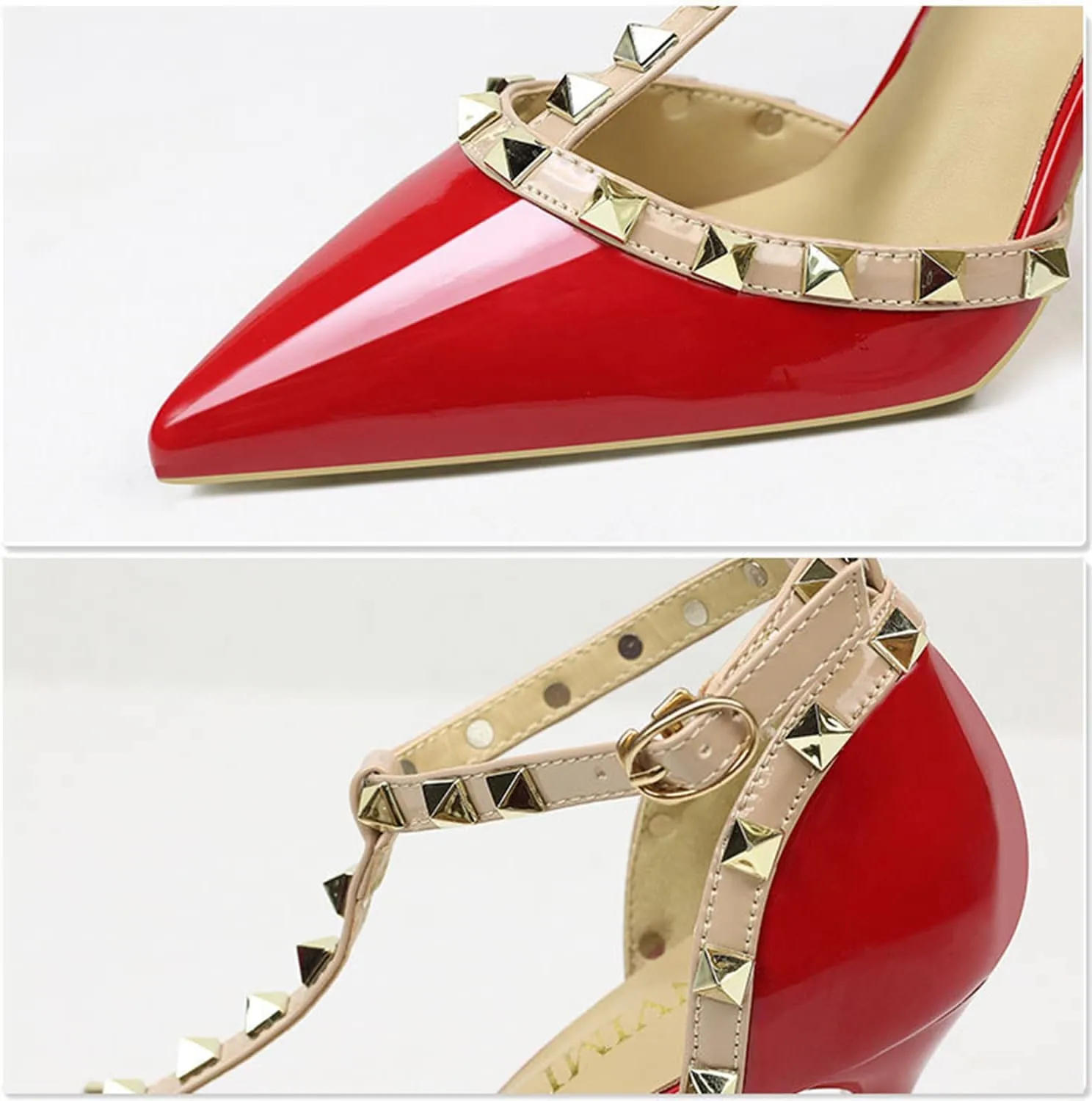 Women's Slingbacks Studded Mid High Heels Summer Shoes Pointy Toe Party Daily Wear Sandals Stud T-Strap 3.5 Inch Mid Kitten Heel