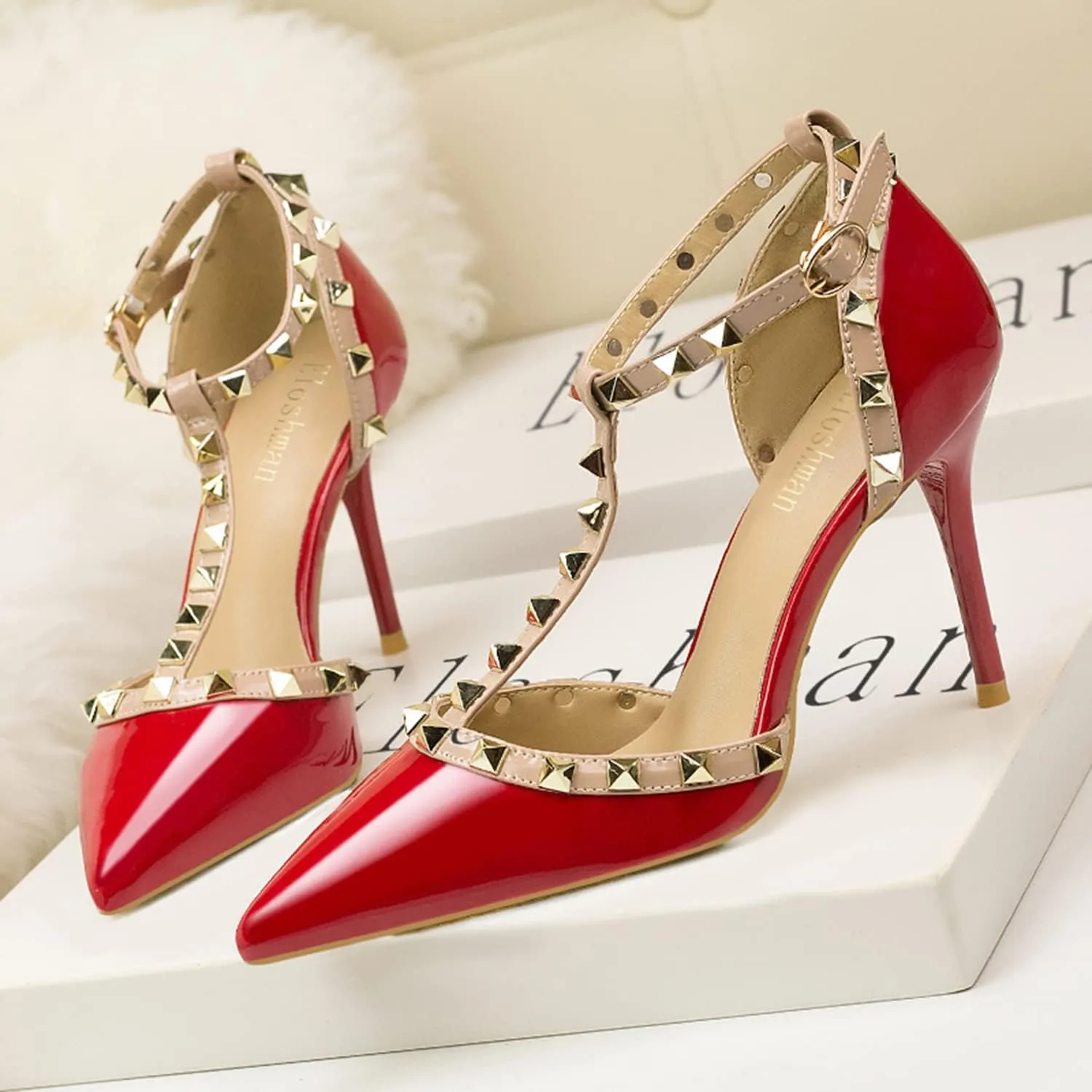 Women's Slingbacks Studded Mid High Heels Summer Shoes Pointy Toe Party Daily Wear Sandals Stud T-Strap 3.5 Inch Mid Kitten Heel