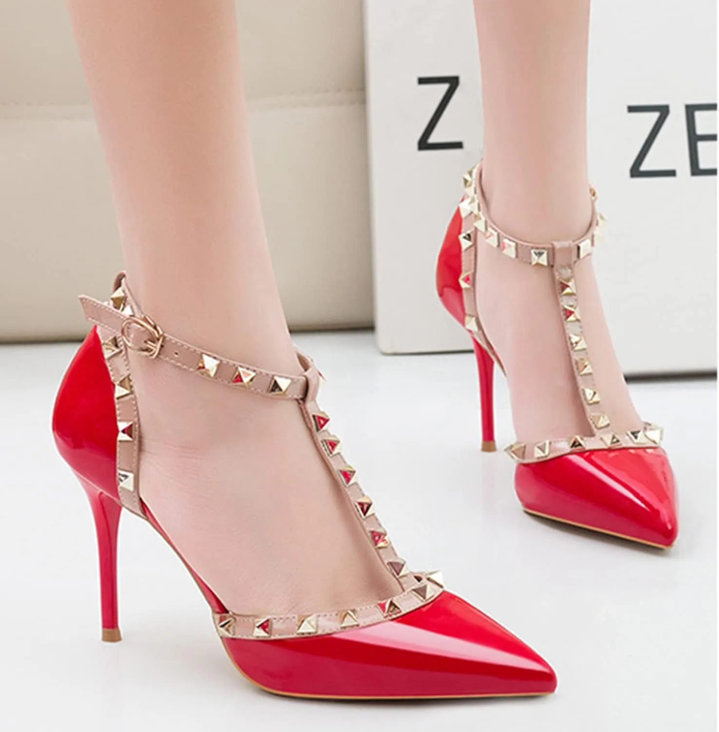 Women's Slingbacks Studded Mid High Heels Summer Shoes Pointy Toe Party Daily Wear Sandals Stud T-Strap 3.5 Inch Mid Kitten Heel