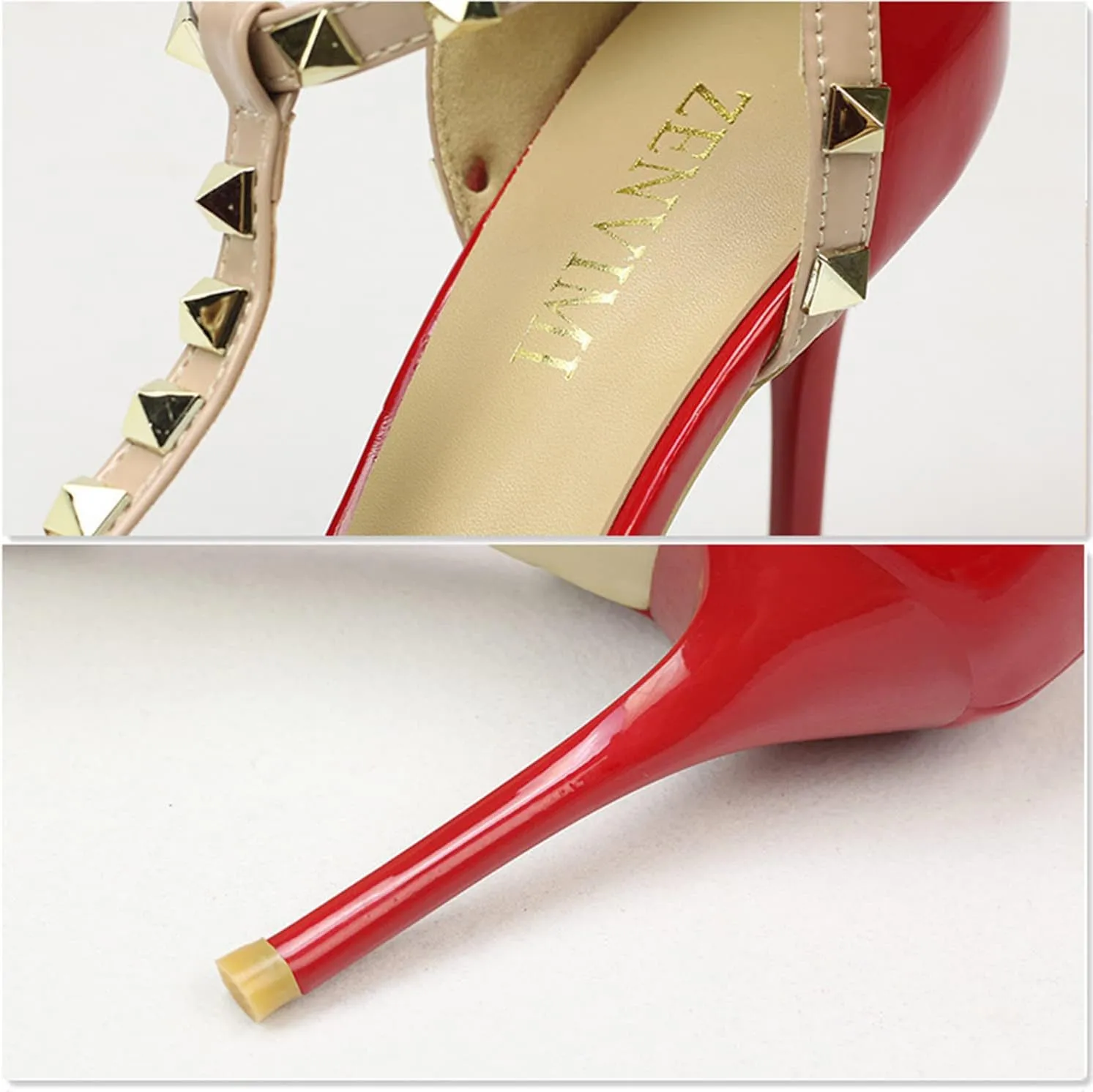 Women's Slingbacks Studded Mid High Heels Summer Shoes Pointy Toe Party Daily Wear Sandals Stud T-Strap 3.5 Inch Mid Kitten Heel