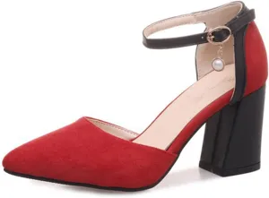 Womens Suede Leather Pointed Toe Pumps Classic Chunky Block Mid Heel Heels Casual Ankle Strap High Heel Ladies Office Dress Shoes