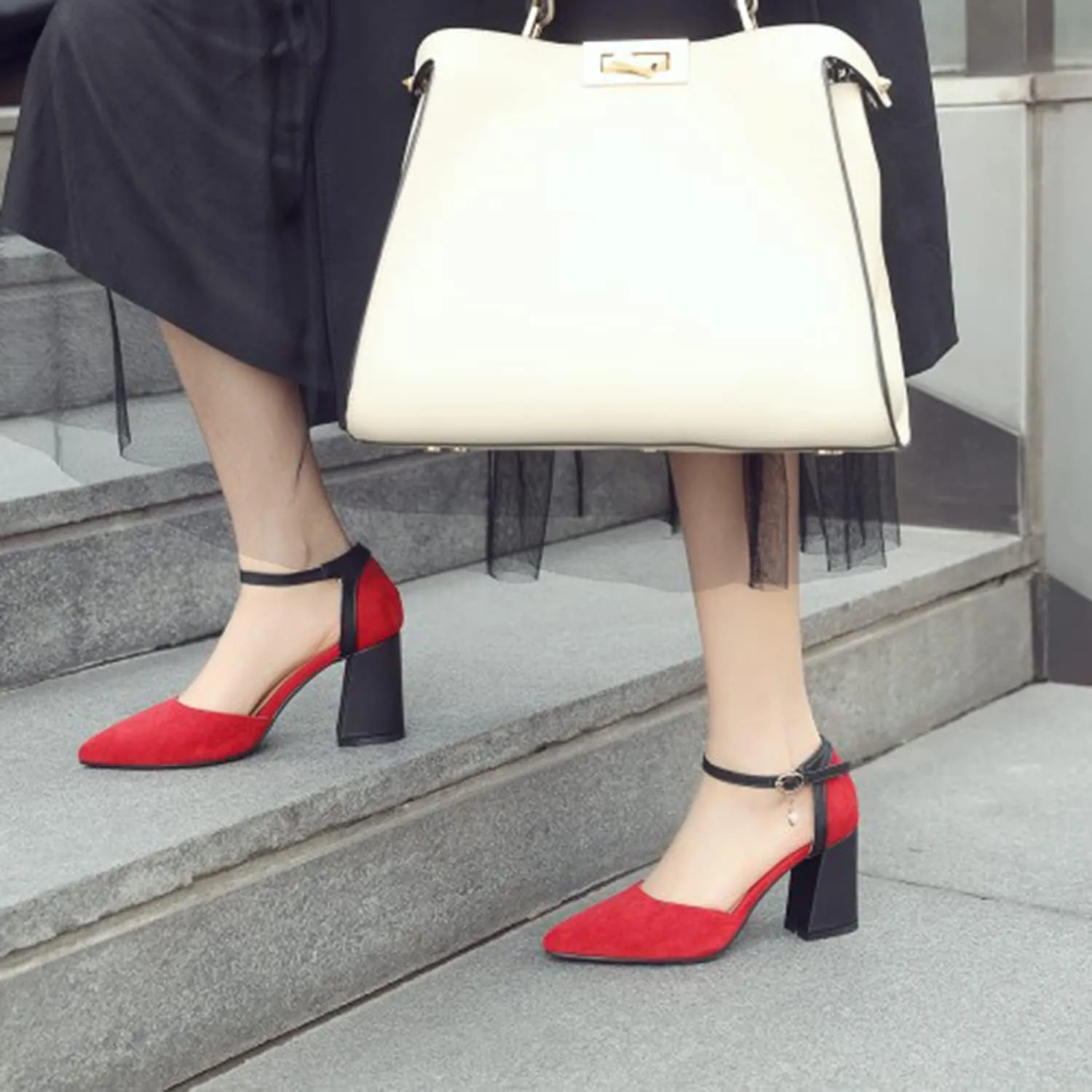 Womens Suede Leather Pointed Toe Pumps Classic Chunky Block Mid Heel Heels Casual Ankle Strap High Heel Ladies Office Dress Shoes