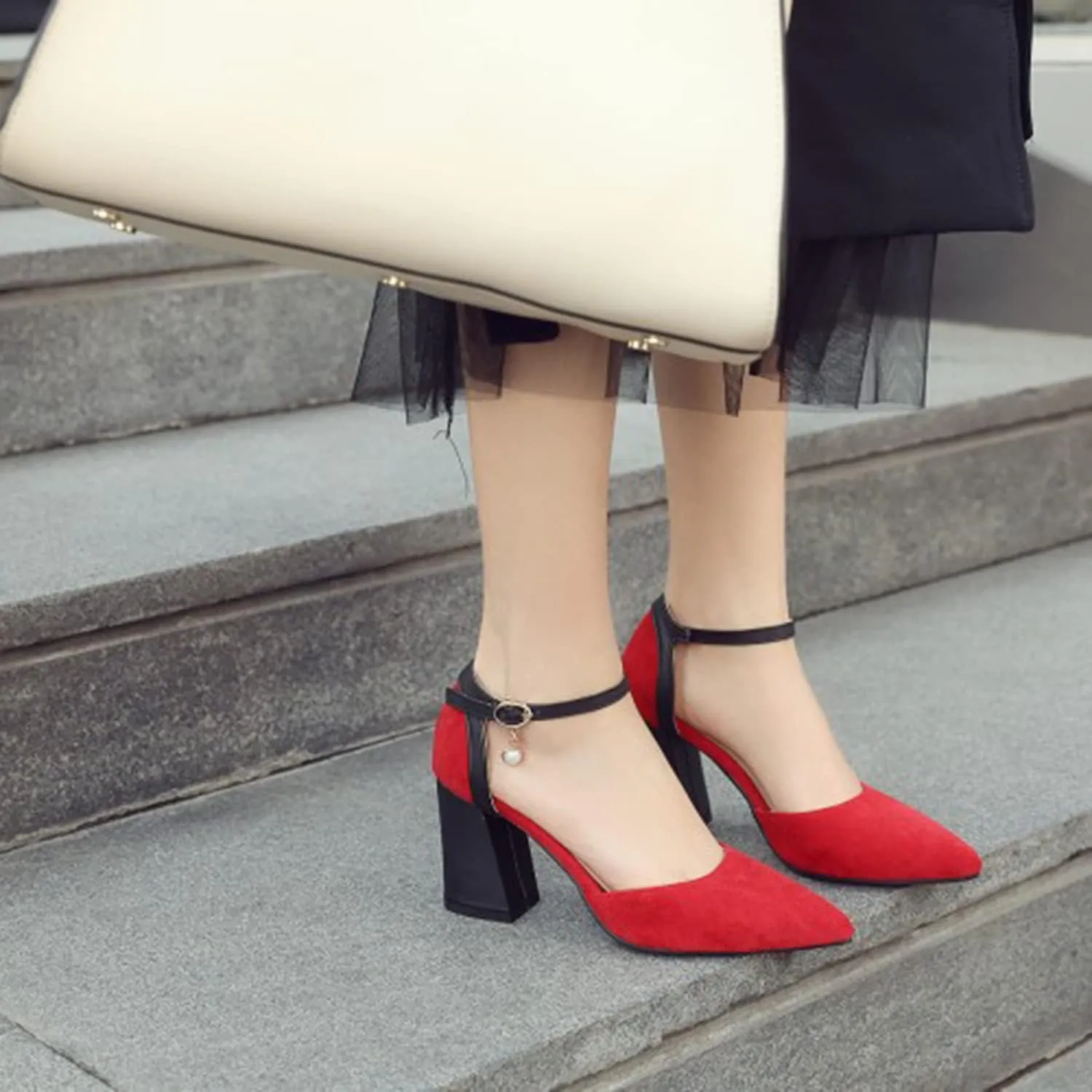 Womens Suede Leather Pointed Toe Pumps Classic Chunky Block Mid Heel Heels Casual Ankle Strap High Heel Ladies Office Dress Shoes