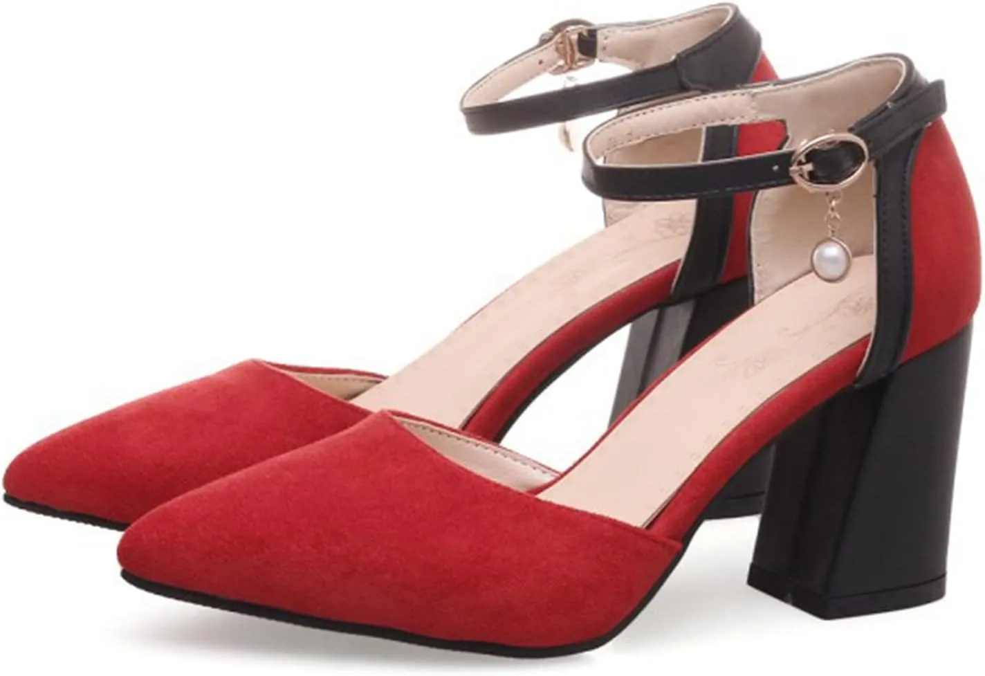 Womens Suede Leather Pointed Toe Pumps Classic Chunky Block Mid Heel Heels Casual Ankle Strap High Heel Ladies Office Dress Shoes