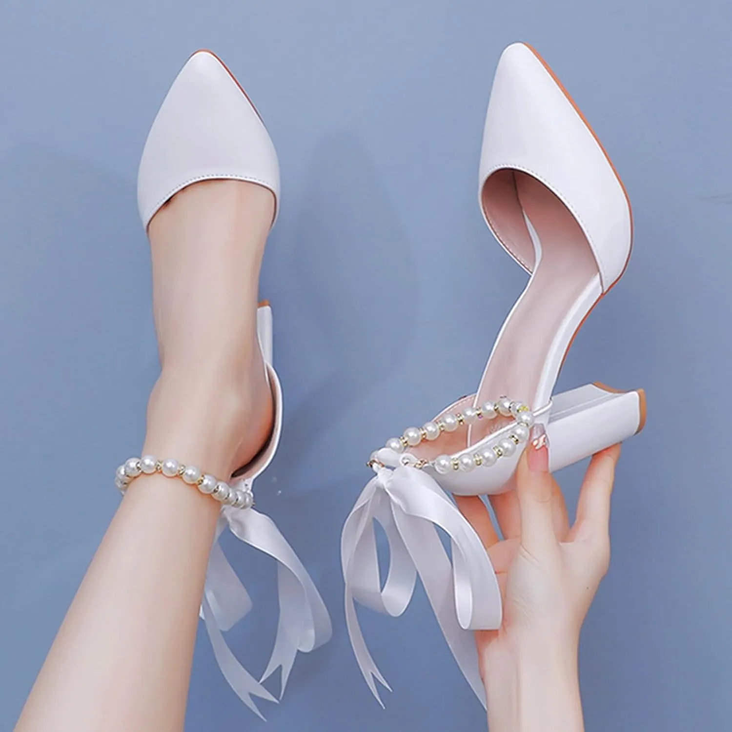 Women's Thick Heel Sandals, 9 Cm Court Shoes White Beaded Straps Bridal Shoes Shallow Mouth Wedding Shoes Pointed Toe Pumps Comfortable High Heels, 39 EU,White