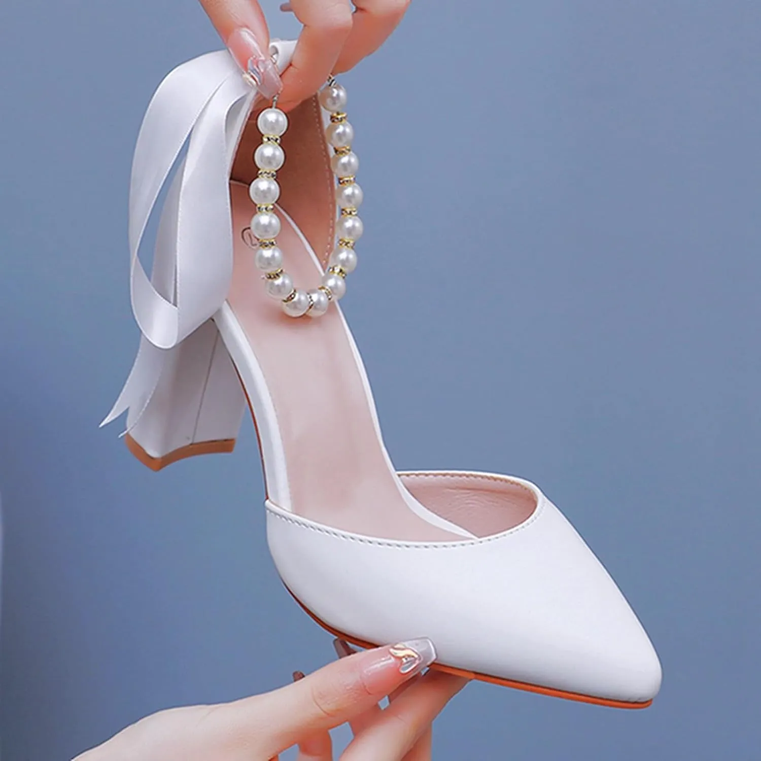 Women's Thick Heel Sandals, 9 Cm Court Shoes White Beaded Straps Bridal Shoes Shallow Mouth Wedding Shoes Pointed Toe Pumps Comfortable High Heels, 39 EU,White