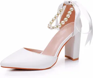 Women's Thick Heel Sandals, 9 Cm Court Shoes White Beaded Straps Bridal Shoes Shallow Mouth Wedding Shoes Pointed Toe Pumps Comfortable High Heels, 39 EU,White