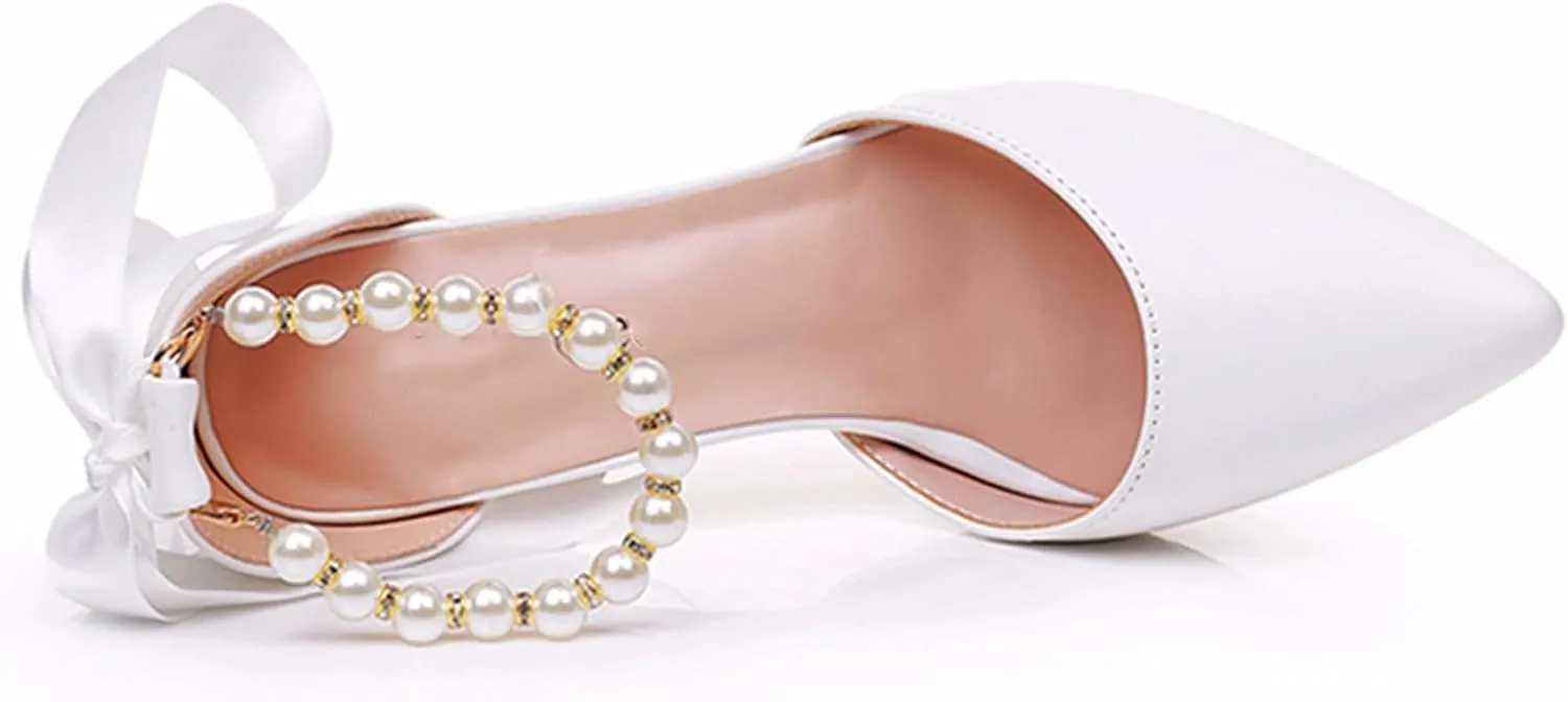 Women's Thick Heel Sandals, 9 Cm Court Shoes White Beaded Straps Bridal Shoes Shallow Mouth Wedding Shoes Pointed Toe Pumps Comfortable High Heels, 39 EU,White