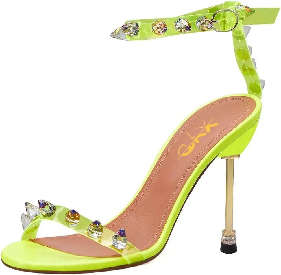 XYD Crystal Sandals for Women Dressy Summer Open Toe Ankle Buckle Strap Rivets Spikes Transparent Metallic High Heels Pumps Ladies Chic Party Cocktail Shoes