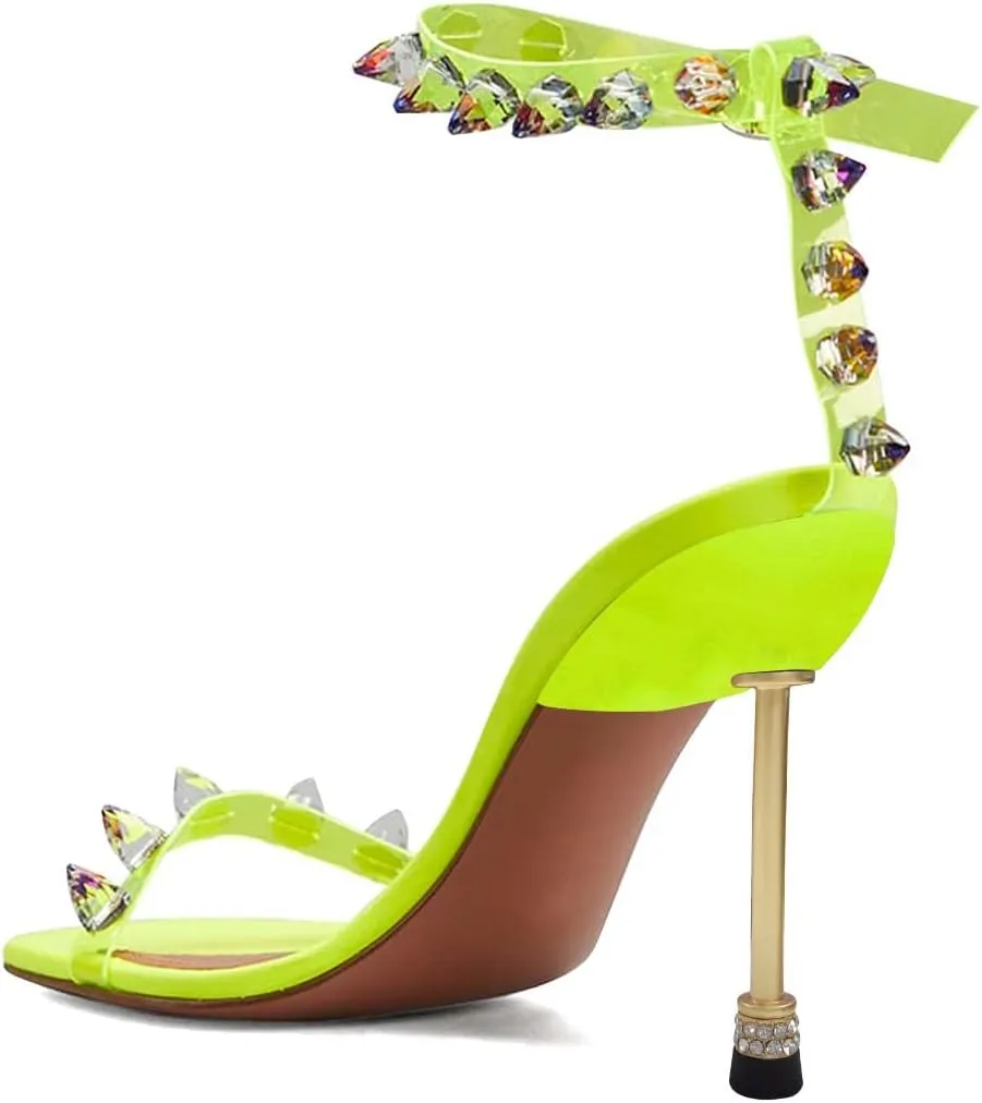 XYD Crystal Sandals for Women Dressy Summer Open Toe Ankle Buckle Strap Rivets Spikes Transparent Metallic High Heels Pumps Ladies Chic Party Cocktail Shoes
