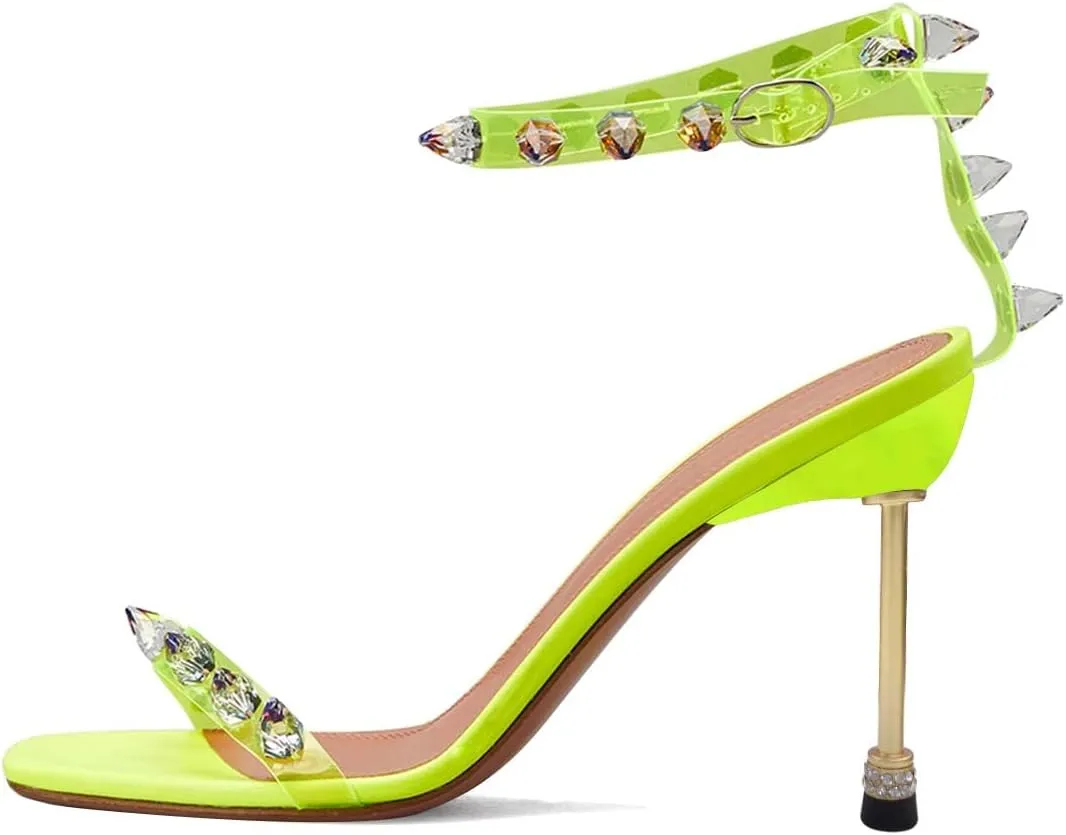 XYD Crystal Sandals for Women Dressy Summer Open Toe Ankle Buckle Strap Rivets Spikes Transparent Metallic High Heels Pumps Ladies Chic Party Cocktail Shoes