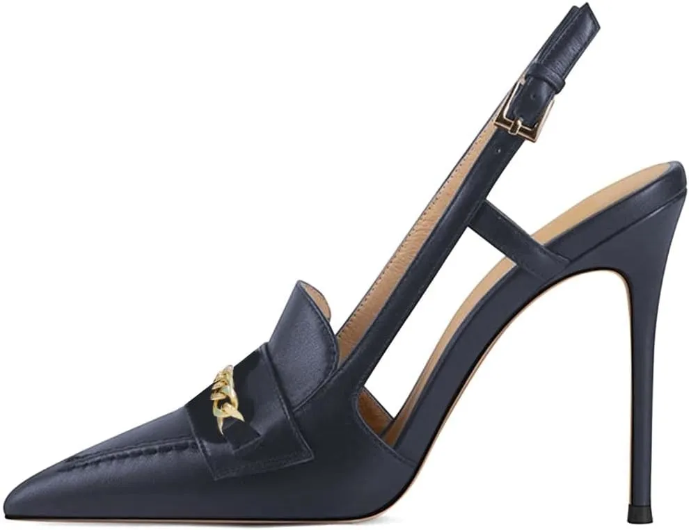 XYD Women Office Ladies Metal Chain Slingback Pumps Pointed Toe High Heel Sandals Stiletto Heeled Cutout Slip On Dressy Party Shoes