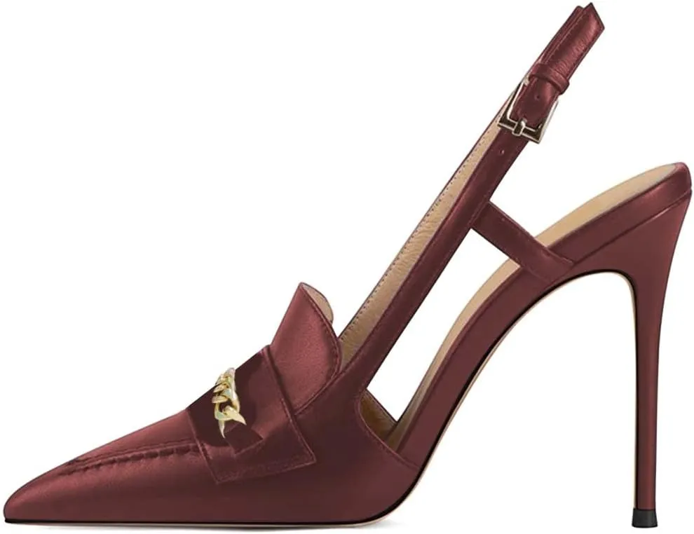 XYD Women Office Ladies Metal Chain Slingback Pumps Pointed Toe High Heel Sandals Stiletto Heeled Cutout Slip On Dressy Party Shoes