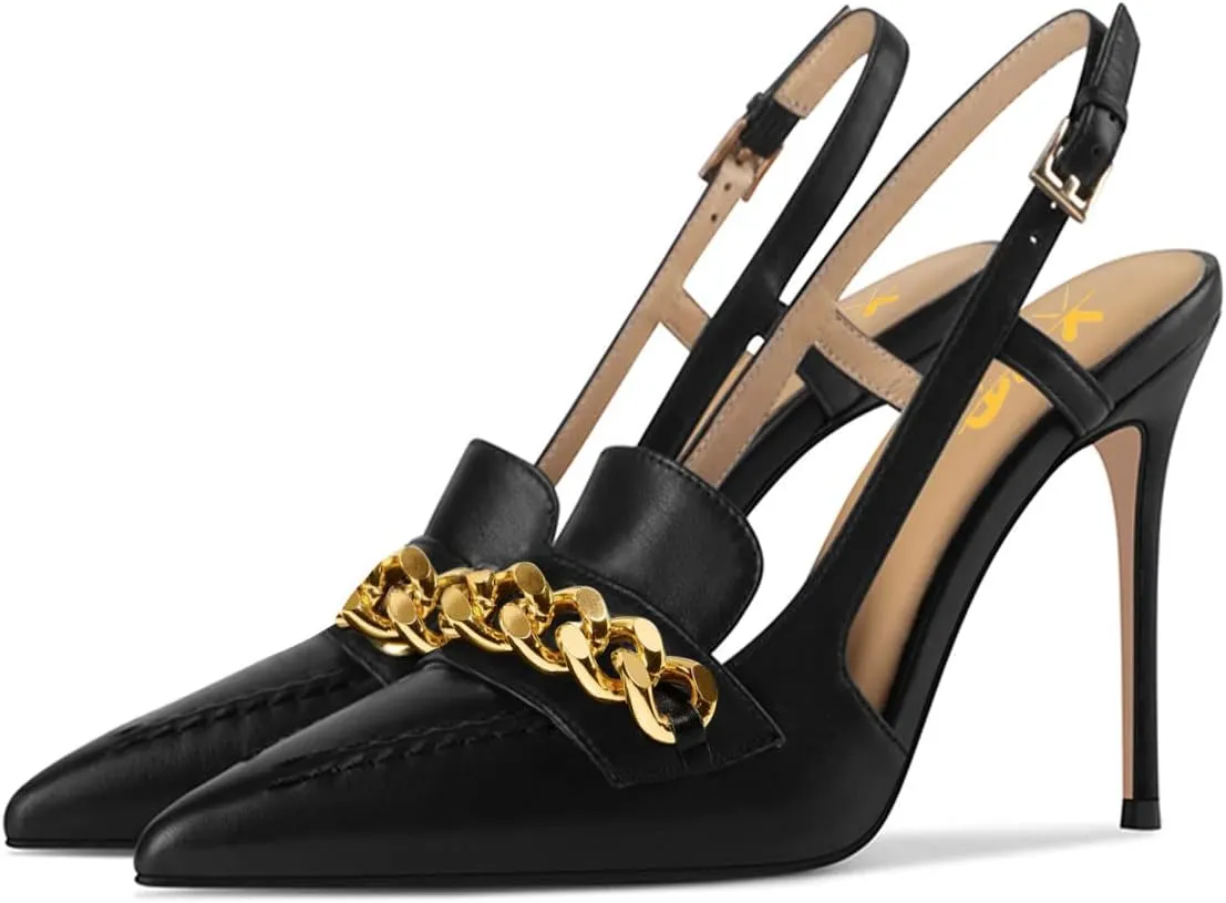 XYD Women Office Ladies Metal Chain Slingback Pumps Pointed Toe High Heel Sandals Stiletto Heeled Cutout Slip On Dressy Party Shoes