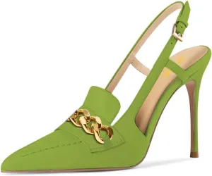 XYD Women Office Ladies Metal Chain Slingback Pumps Pointed Toe High Heel Sandals Stiletto Heeled Cutout Slip On Dressy Party Shoes