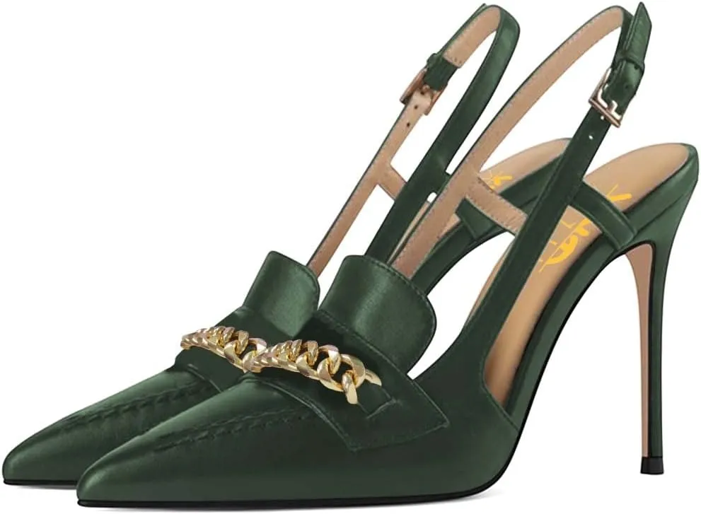 XYD Women Office Ladies Metal Chain Slingback Pumps Pointed Toe High Heel Sandals Stiletto Heeled Cutout Slip On Dressy Party Shoes