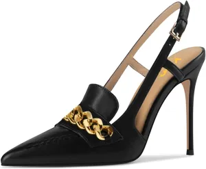XYD Women Office Ladies Metal Chain Slingback Pumps Pointed Toe High Heel Sandals Stiletto Heeled Cutout Slip On Dressy Party Shoes