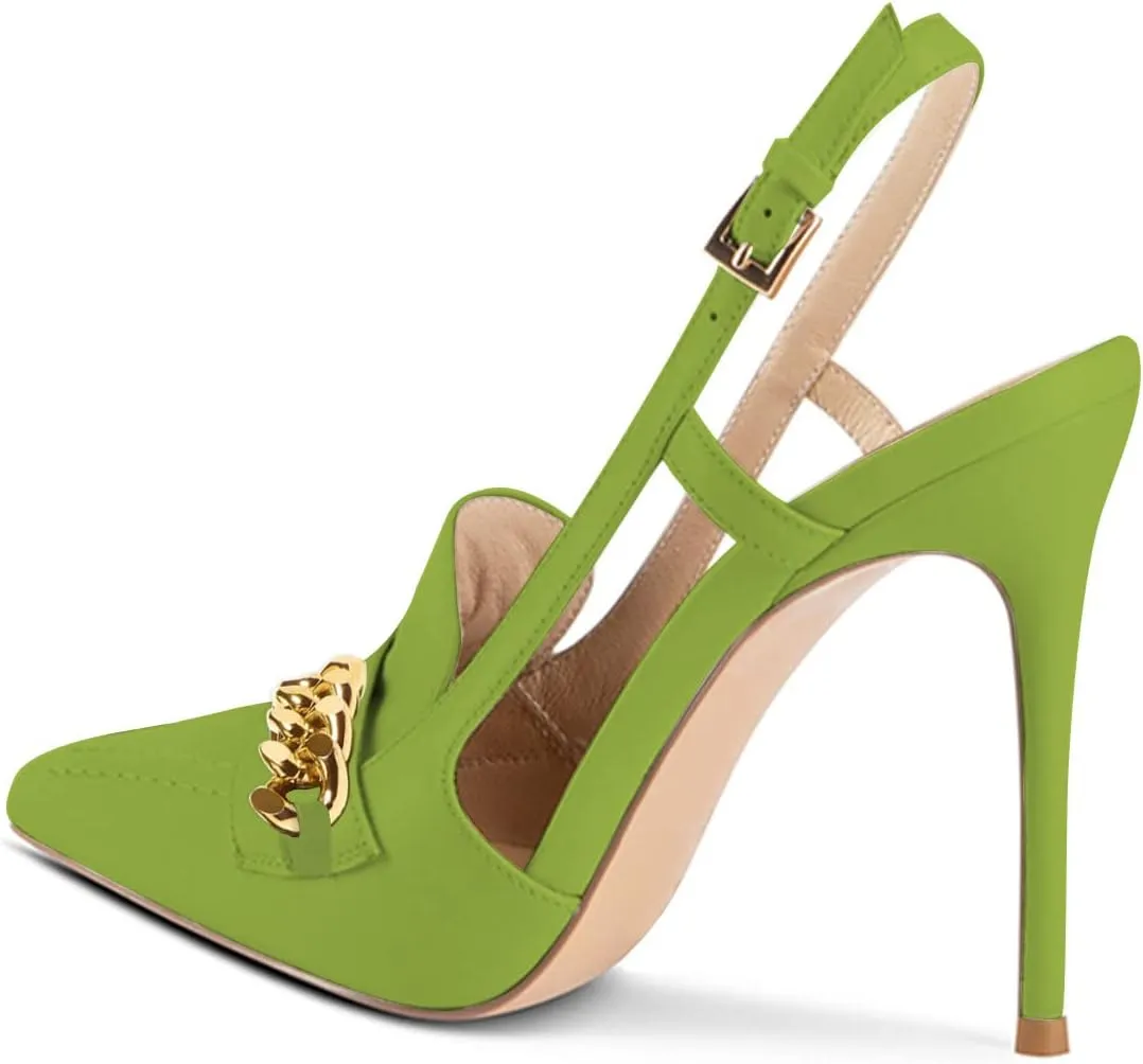 XYD Women Office Ladies Metal Chain Slingback Pumps Pointed Toe High Heel Sandals Stiletto Heeled Cutout Slip On Dressy Party Shoes