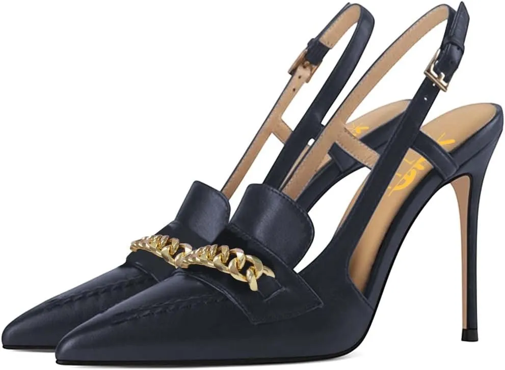 XYD Women Office Ladies Metal Chain Slingback Pumps Pointed Toe High Heel Sandals Stiletto Heeled Cutout Slip On Dressy Party Shoes