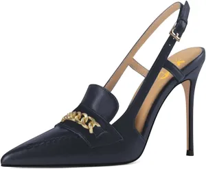 XYD Women Office Ladies Metal Chain Slingback Pumps Pointed Toe High Heel Sandals Stiletto Heeled Cutout Slip On Dressy Party Shoes