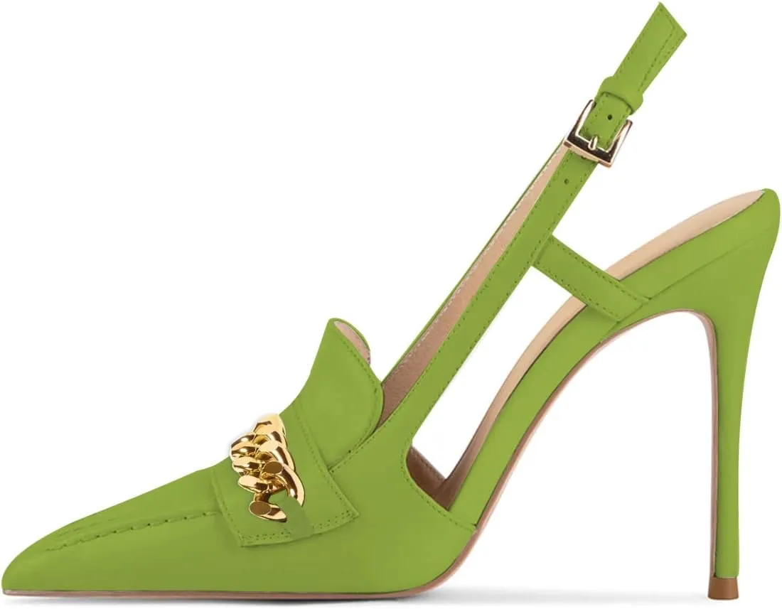 XYD Women Office Ladies Metal Chain Slingback Pumps Pointed Toe High Heel Sandals Stiletto Heeled Cutout Slip On Dressy Party Shoes
