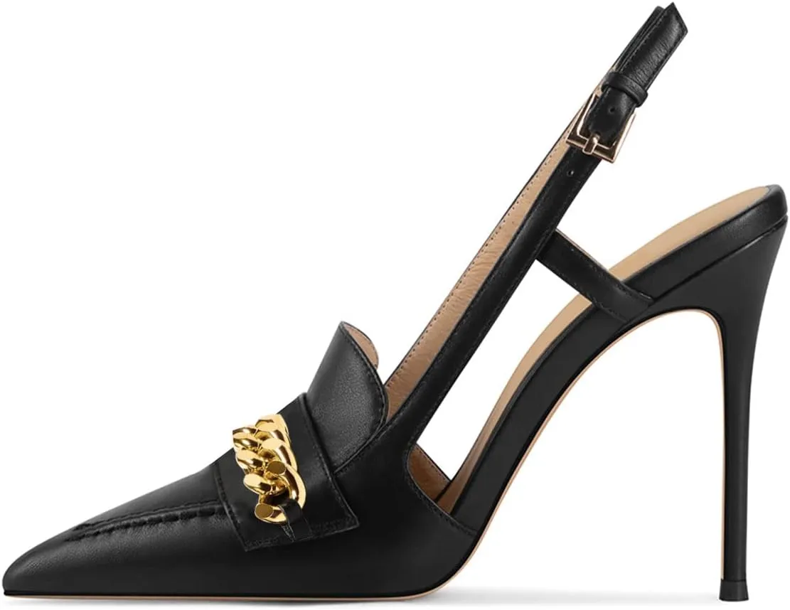 XYD Women Office Ladies Metal Chain Slingback Pumps Pointed Toe High Heel Sandals Stiletto Heeled Cutout Slip On Dressy Party Shoes