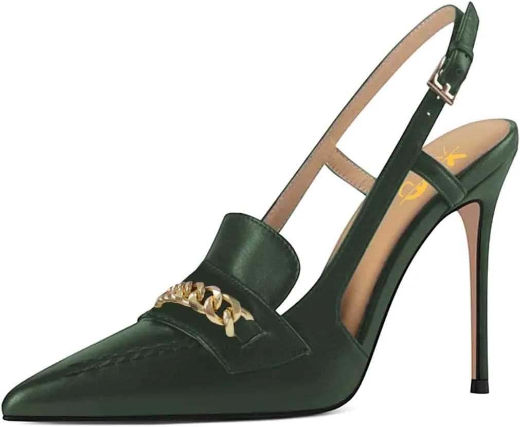 XYD Women Office Ladies Metal Chain Slingback Pumps Pointed Toe High Heel Sandals Stiletto Heeled Cutout Slip On Dressy Party Shoes
