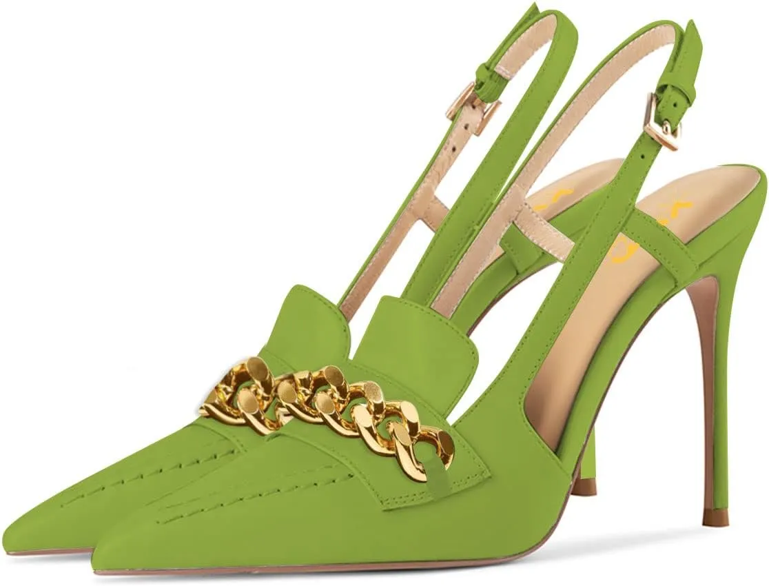XYD Women Office Ladies Metal Chain Slingback Pumps Pointed Toe High Heel Sandals Stiletto Heeled Cutout Slip On Dressy Party Shoes