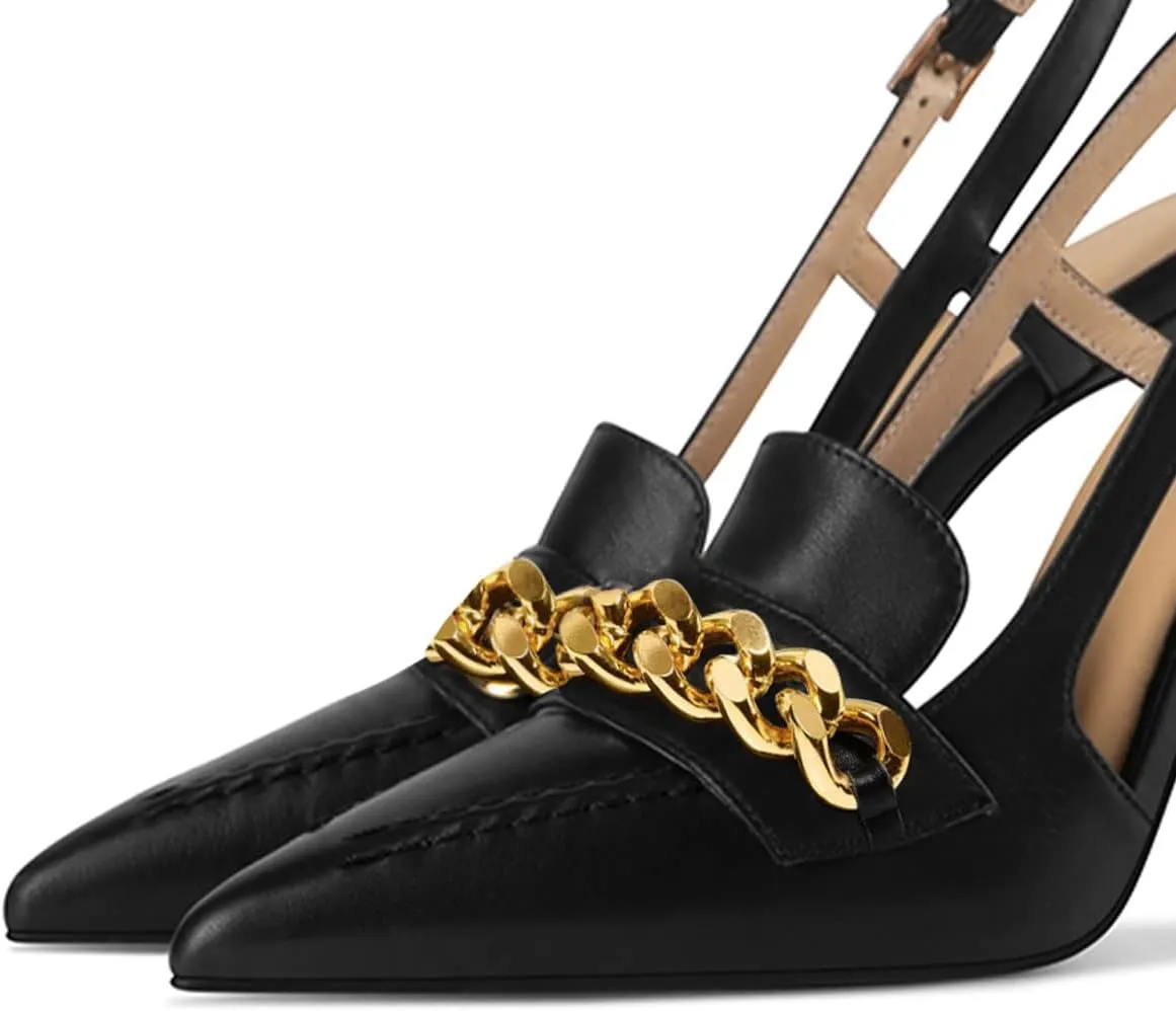 XYD Women Office Ladies Metal Chain Slingback Pumps Pointed Toe High Heel Sandals Stiletto Heeled Cutout Slip On Dressy Party Shoes