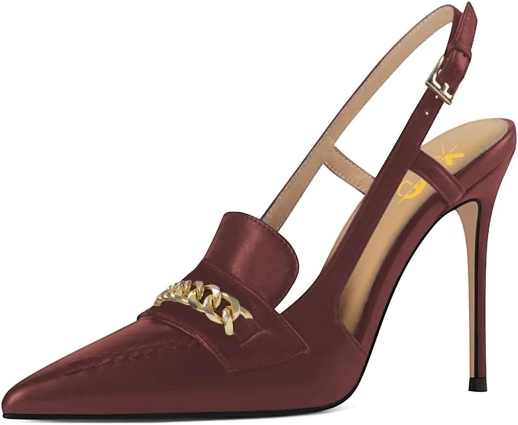XYD Women Office Ladies Metal Chain Slingback Pumps Pointed Toe High Heel Sandals Stiletto Heeled Cutout Slip On Dressy Party Shoes