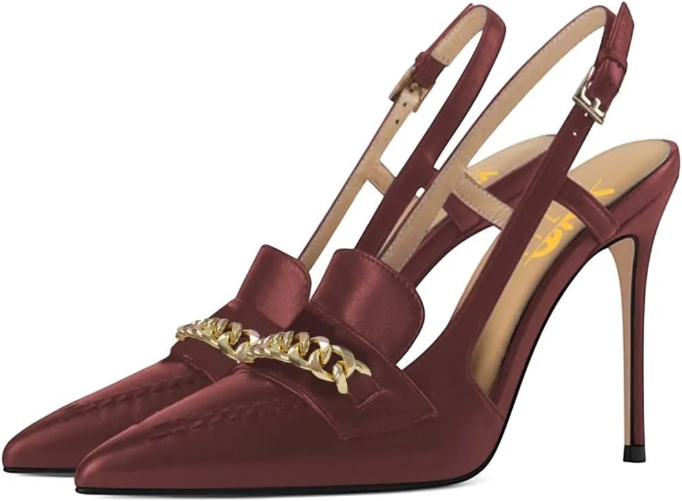 XYD Women Office Ladies Metal Chain Slingback Pumps Pointed Toe High Heel Sandals Stiletto Heeled Cutout Slip On Dressy Party Shoes