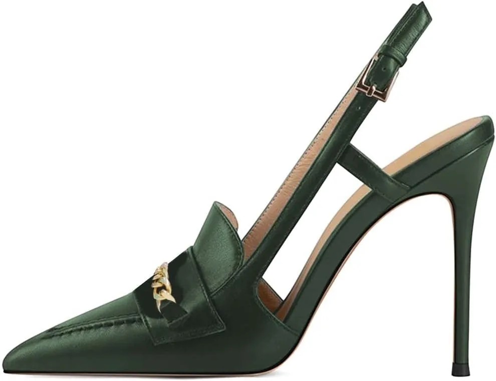 XYD Women Office Ladies Metal Chain Slingback Pumps Pointed Toe High Heel Sandals Stiletto Heeled Cutout Slip On Dressy Party Shoes