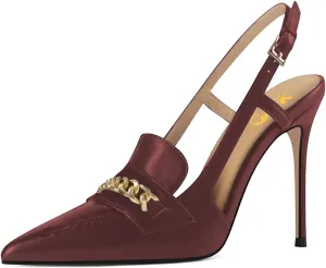 XYD Women Office Ladies Metal Chain Slingback Pumps Pointed Toe High Heel Sandals Stiletto Heeled Cutout Slip On Dressy Party Shoes
