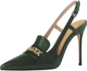 XYD Women Office Ladies Metal Chain Slingback Pumps Pointed Toe High Heel Sandals Stiletto Heeled Cutout Slip On Dressy Party Shoes