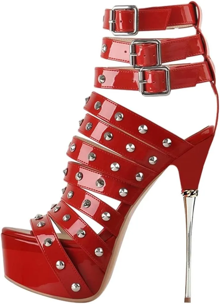 XYD Women Sexy Rivets Strappy Open Toe Platform Sandals Stiletto Ultra High Heel Spikes Metallic Party Prom Evening Dress Ladies Shoes