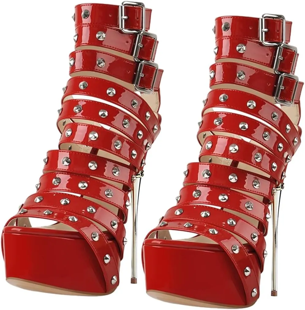 XYD Women Sexy Rivets Strappy Open Toe Platform Sandals Stiletto Ultra High Heel Spikes Metallic Party Prom Evening Dress Ladies Shoes