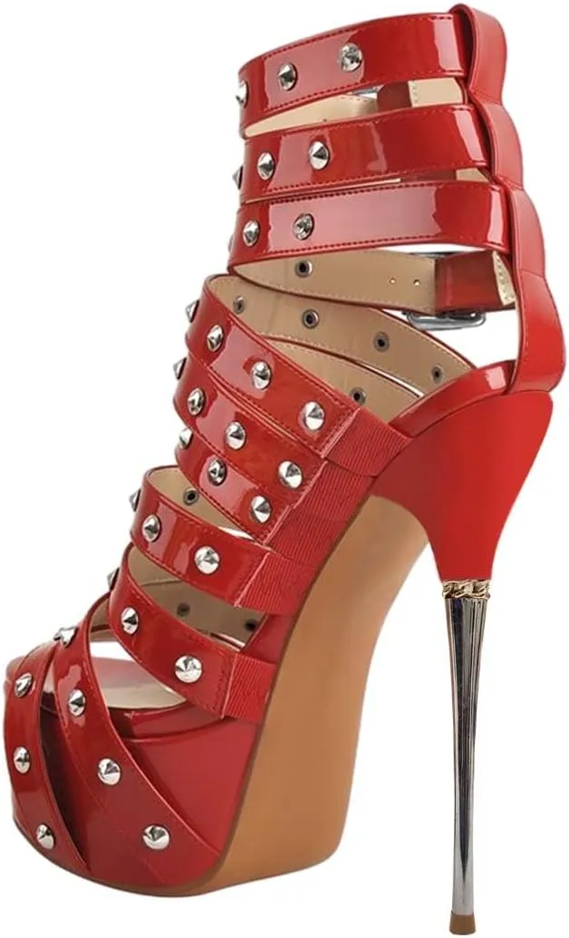 XYD Women Sexy Rivets Strappy Open Toe Platform Sandals Stiletto Ultra High Heel Spikes Metallic Party Prom Evening Dress Ladies Shoes